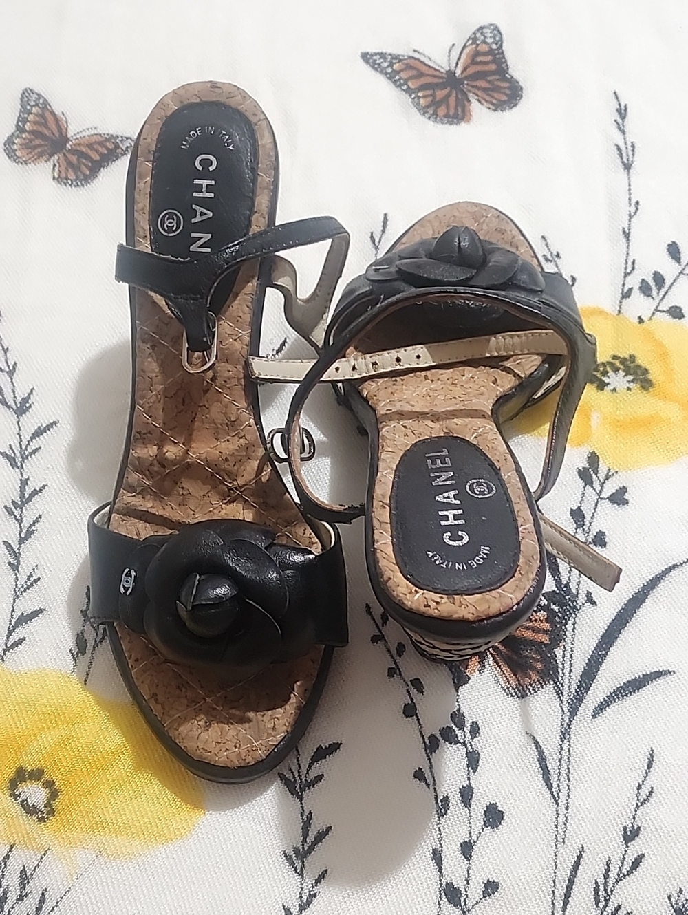 CHANEL Black Leather Camellia Cork Wedge Sandals